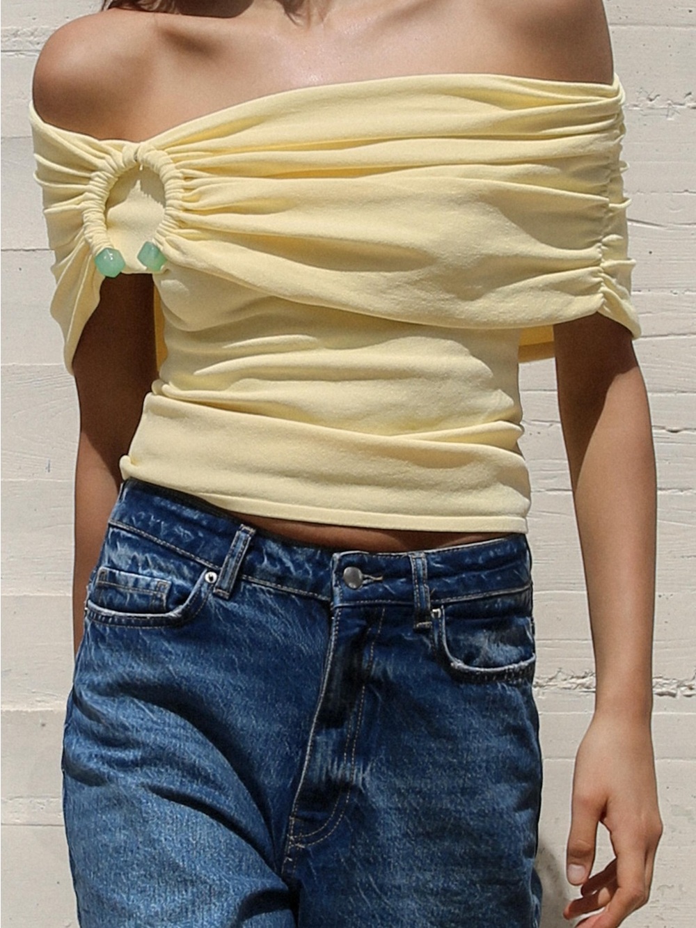 Zara Off-Shoulder Yellow Ruched Ring Top
